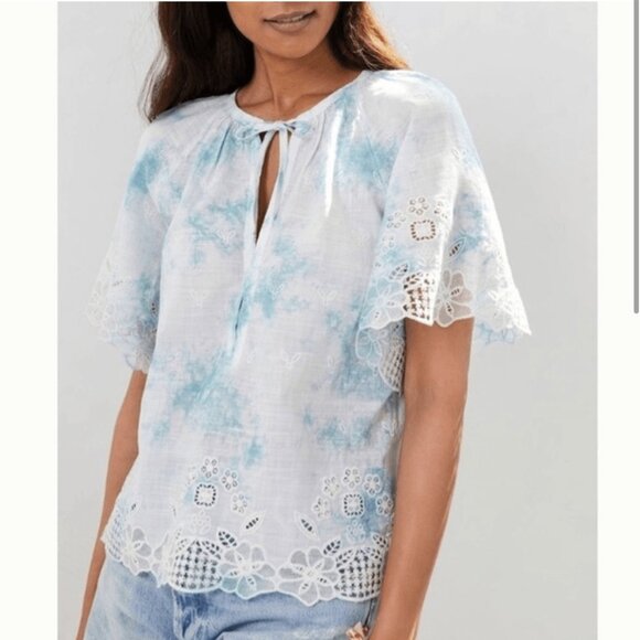 Anthropologie White Blue Tie Dye Floral Embroidered Eyelet Top - Picture 1 of 6
